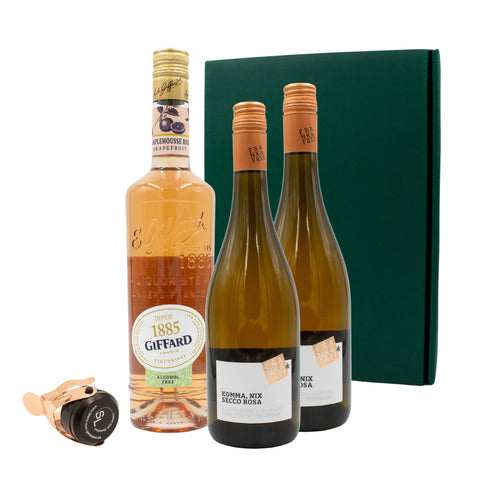 Alkoholfreier Aperitif Geschenkset: Aperitif auf Grapefruit Basis mit passendem Secco zum Mixen, dunkelgrüner Geschenkbos und Sektflaschenverschluss, alkoholfreies Sektgeschenk, Geschenk für Frauen