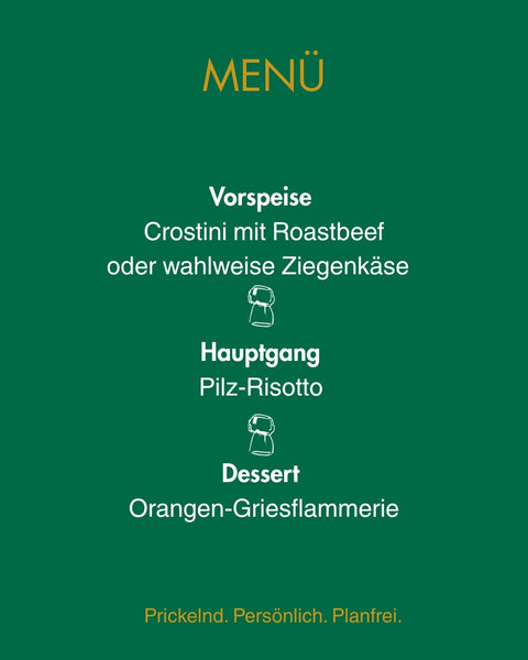 Herbstmenü Sekt-Tasting: Crostini Roastbeef oder Ziegenkäse, Pilz-Risotto, Orangen-Griesflammerie, abgestimmt auf 3 Winzersekte Deutschland Österreich