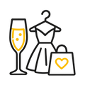 Icon mit einem Sektglas mit einem Kleid und einer Handtasche.