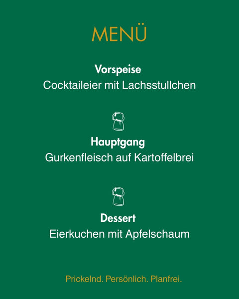 Rezeptmenü Edition Ein Bissen Heimat: Cocktaileier mit Lachsstullchen, Gurkenfleisch auf Kartoffelbrei, Eierkuchen mit Apfelschaum, abgestimmt auf 3 Winzersekte