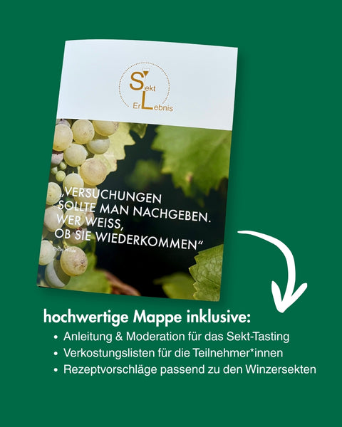 Hochwertige Tasting-Mappe mit Verkostungslisten Flyer und Schritt-für-Schritt-Anleitung aus Sekt-Tasting-Paket Grillen mit Freunden