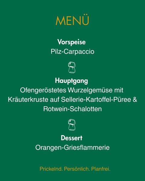 Vegetarisches Menü Sekt-Tasting: Pilz-Carpaccio, Wurzelgemüse Kräuterkruste Sellerie-Püree Rotwein-Schalotten, Orangen-Griesflammerie, 3 Rosé-Sekte