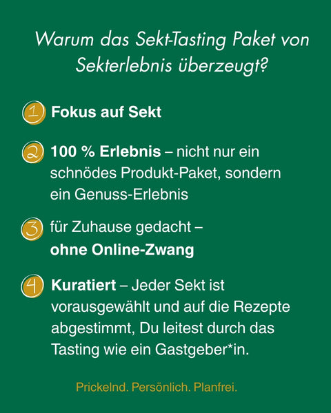 Sekt-Tasting Zuhause: 100% Erlebnis, kuratierte Winzersekte, Gastgeber-Anleitung inklusive, kein Vorwissen nötig, ohne Online-Zwang genießen