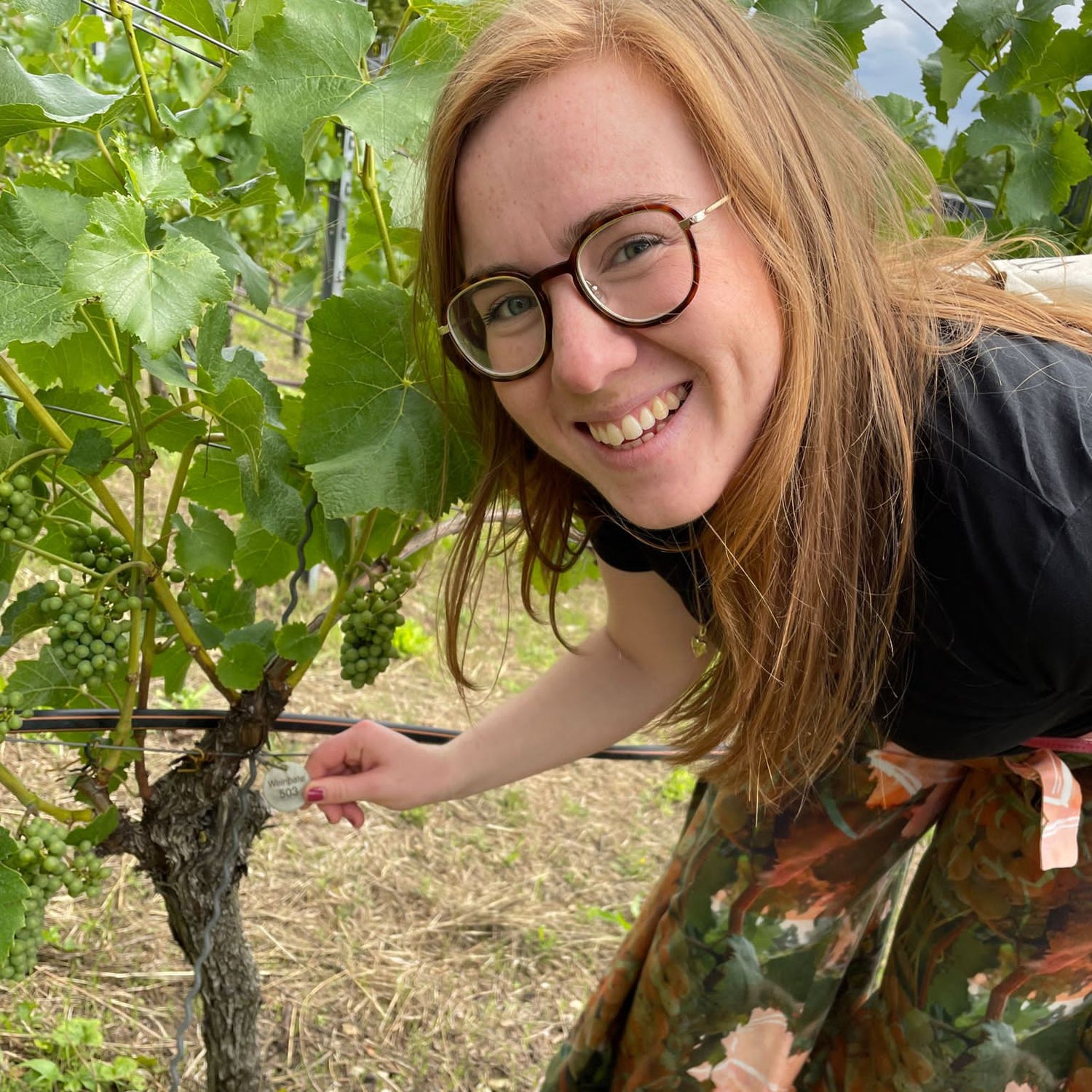 Eine Frau lächelt in die Kamera, sie steht im Weinberg. 